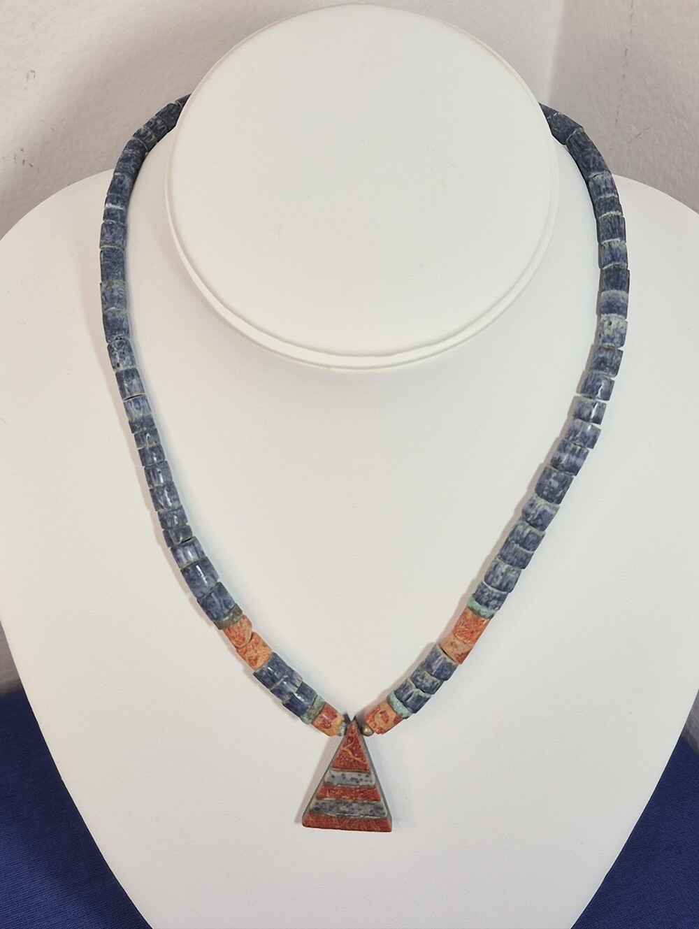 Blue Sponge and Red Coral Heishi Beaded Necklace w/Triangular Inlay Pendant 19"